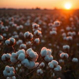 Cotton bolls in a field at dusk