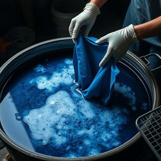 Indigo dye vat with deep blue surface bloom