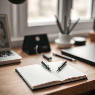 Desk with pen and small notebook