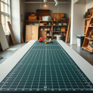 Long worktable with cutting mat