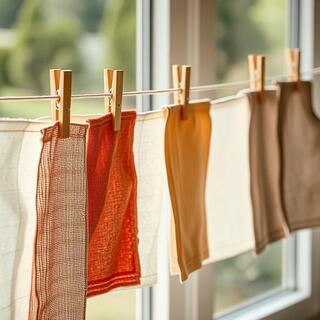 Fabric swatches drying on a line