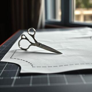 Fabric shears cutting along a paper pattern