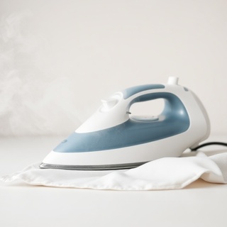Steam iron hovering over cotton seam
